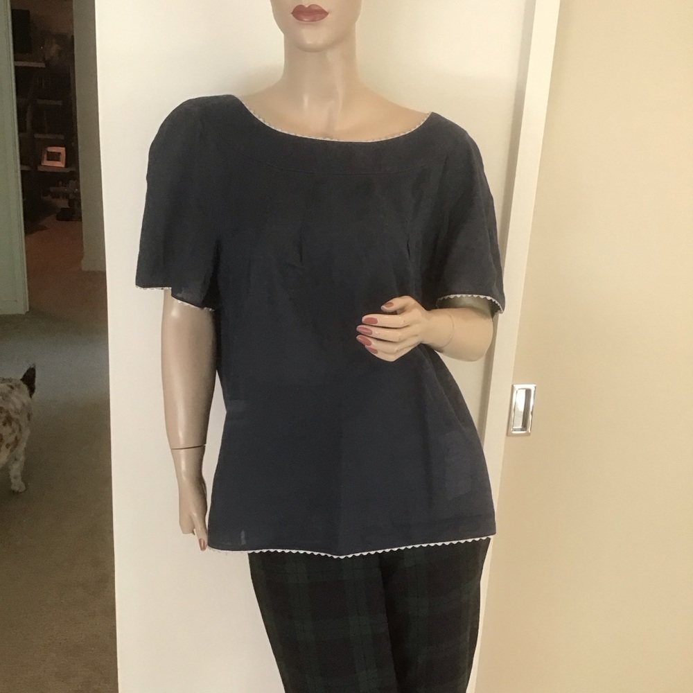 Tory Burch Navy Blue Silver Trim Cotton Voile Semi Sheer‎ Blouse Top 14